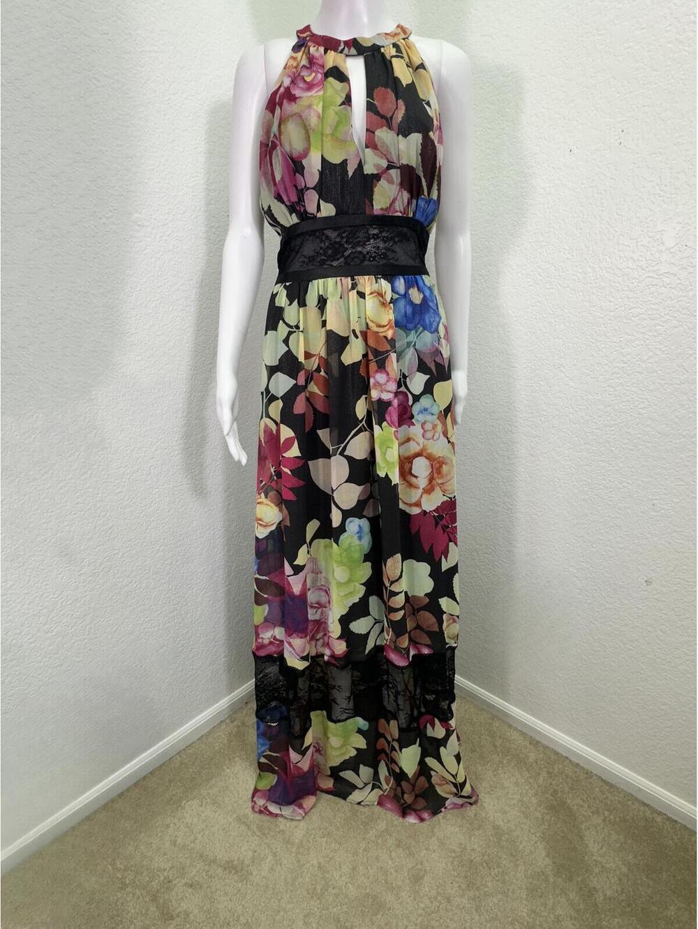 Sz 14 Nicole Miller Floral Print Halter Neck Metallic Black Lace Trim Maxi
